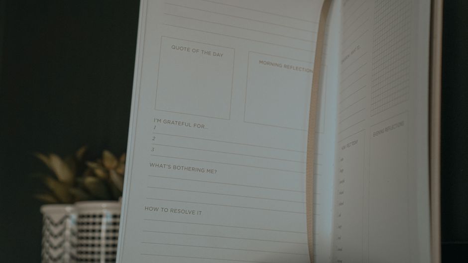 An open journal with sections for quotes, reflections, and gratitude.
